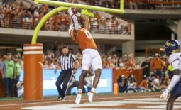 Oct 1, 2022; Austin, Texas, USA; Texas Longhorns tight end Ja'Tavion Sanders (0) catches a pass for a touchdown against the West Virginia Mountaineers during the second quarter at Darrell K Royal-Texas Memorial Stadium. Mandatory Credit: Ben Queen-USA TODAY Sports