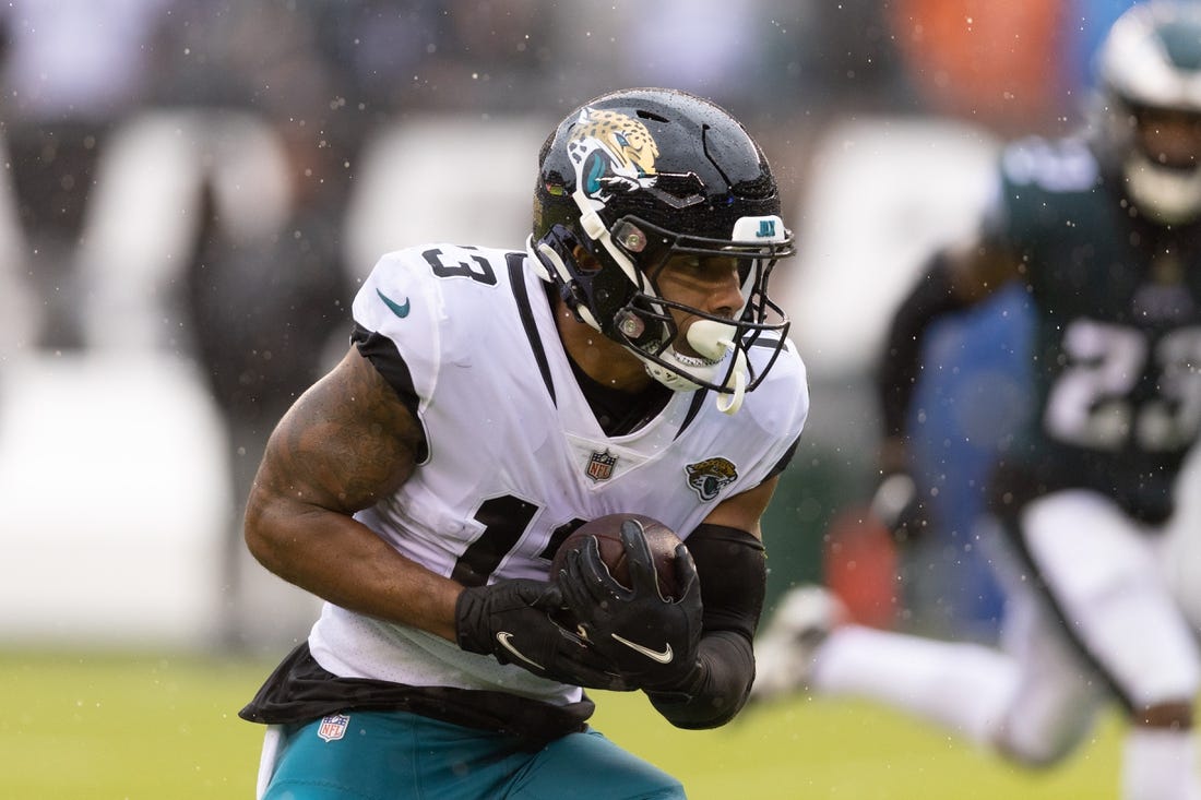 Oct 2, 2022; Philadelphia, Pennsylvania, USA; Jacksonville Jaguars wide receiver Christian Kirk (13) in action against the Philadelphia Eagles at Lincoln Financial Field. Mandatory Credit: Bill Streicher-USA TODAY Sports