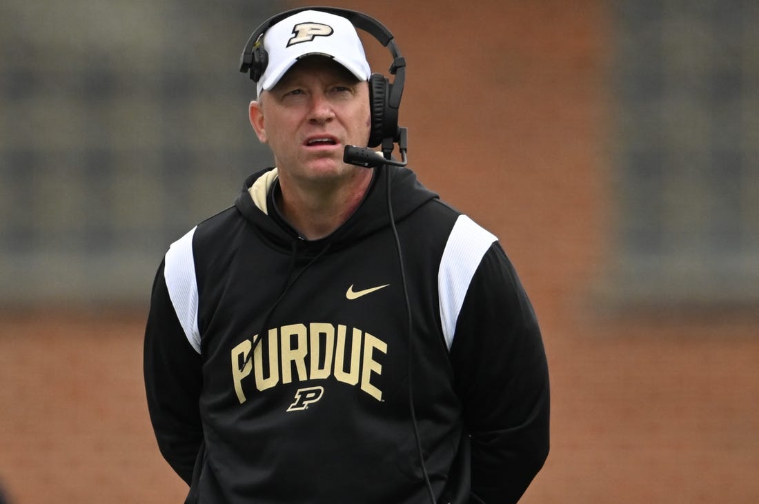 Oct 8, 2022; College Park, Maryland, USA;  Purdue Boilermakers head coach Jeff Brohm during the second half against the Maryland Terrapins  at SECU Stadium. Mandatory Credit: Tommy Gilligan-USA TODAY Sports