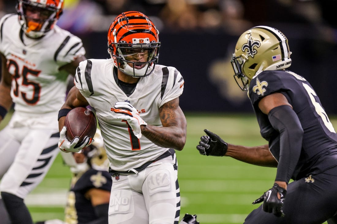 Oct 16, 2022; New Orleans, Louisiana, USA;  Cincinnati Bengals wide receiver Ja'Marr Chase (1) rushes against New Orleans Saints safety Marcus Maye (6) during the first half at Caesars Superdome. Mandatory Credit: Stephen Lew-USA TODAY Sports