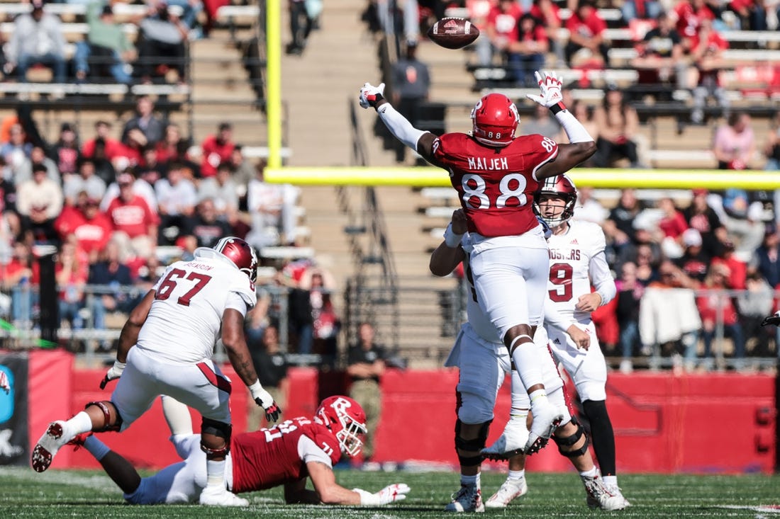 Oct 22, 2022; Piscataway, New Jersey, USA; Rutgers Scarlet Knights defensive lineman Ifeanyi Maijeh (88) blocks a pass thrown by Indiana Hoosiers quarterback Connor Bazelak (9) during the first half at SHI Stadium. Mandatory Credit: Vincent Carchietta-USA TODAY Sports