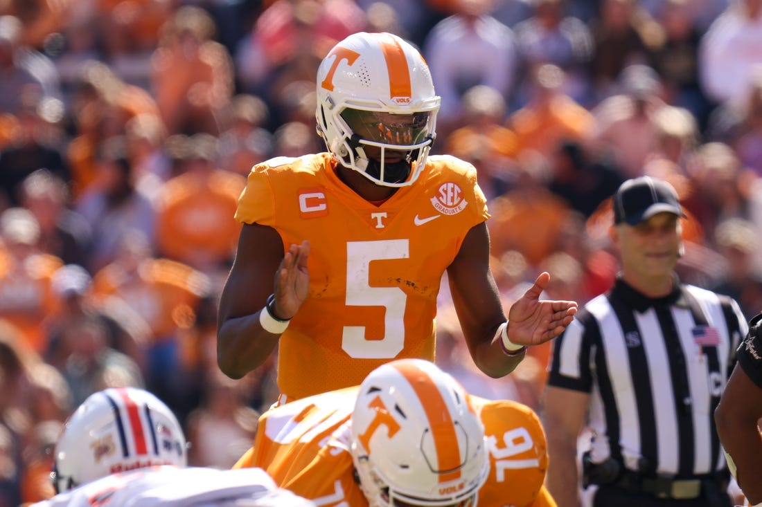 Oct 22, 2022; Knoxville, Tennessee, USA; Tennessee Volunteers quarterback Hendon Hooker (5) during the first half against the Tennessee Martin Skyhawks at Neyland Stadium. Mandatory Credit: Randy Sartin-USA TODAY Sports