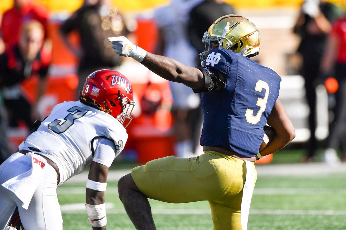 Oct 22, 2022; South Bend, Indiana, USA; Notre Dame Fighting Irish running back Logan Diggs (3) gestures after a first down in the second quarter against the UNLV Rebels at Notre Dame Stadium. Mandatory Credit: Matt Cashore-USA TODAY Sports