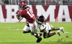 Oct 22, 2022; Tuscaloosa, Alabama, USA;  Mississippi State Bulldogs defensive back Decamerion Richardson (3) brings down Alabama Crimson Tide wide receiver JoJo Earle (10) during the first half at Bryant-Denny Stadium. Mandatory Credit: Gary Cosby Jr.-USA TODAY Sports