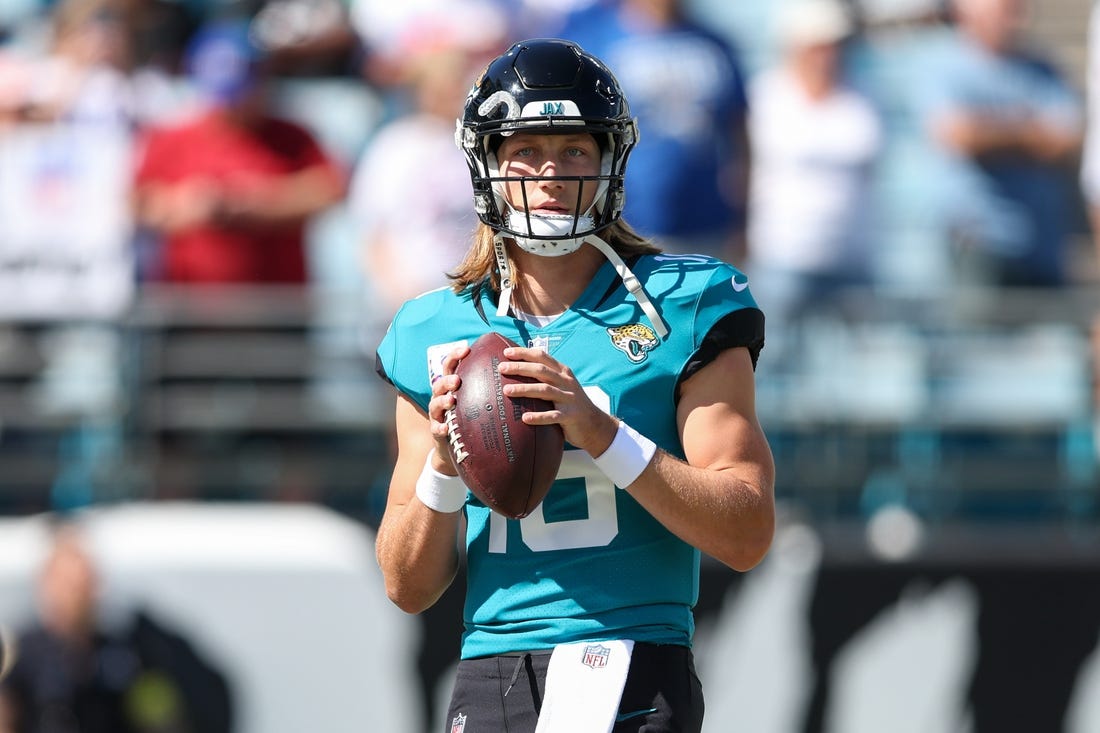 Oct 23, 2022; Jacksonville, Florida, USA;  Jacksonville Jaguars quarterback Trevor Lawrence (16) warms up before a game against the New York Giants at TIAA Bank Field. Mandatory Credit: Nathan Ray Seebeck-USA TODAY Sports