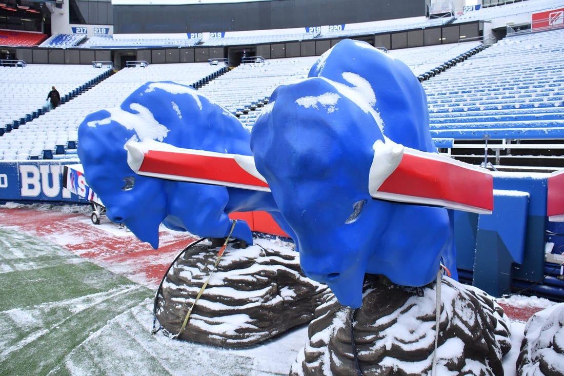 Jan 2, 2022; Orchard Park, New York, USA; Buffalo Bills apparatus stand snow covered before a game against the Atlanta Falcons at Highmark Stadium. Mandatory Credit: Mark Konezny-USA TODAY Sports