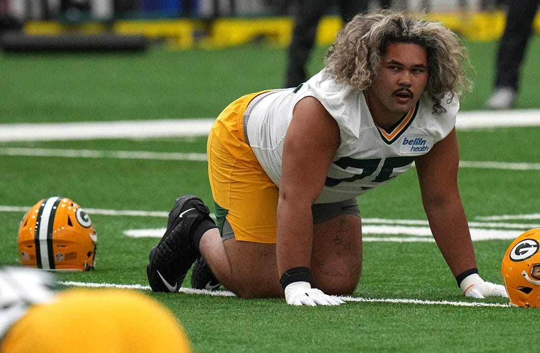 Sean Rhyan (75) is shown during Green Bay Packers rookie camp Friday, May 6, 2022 in Green Bay, Wis.

Packers07 27