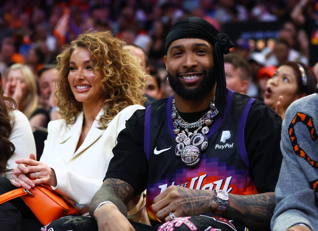 May 4, 2022; Phoenix, Arizona, USA; NFL player Odell Beckham Jr. and girlfriend Lauren Wood in attendance during the Phoenix Suns against the Dallas Mavericks during game two of the second round for the 2022 NBA playoffs at Footprint Center. Mandatory Credit: Mark J. Rebilas-USA TODAY Sports