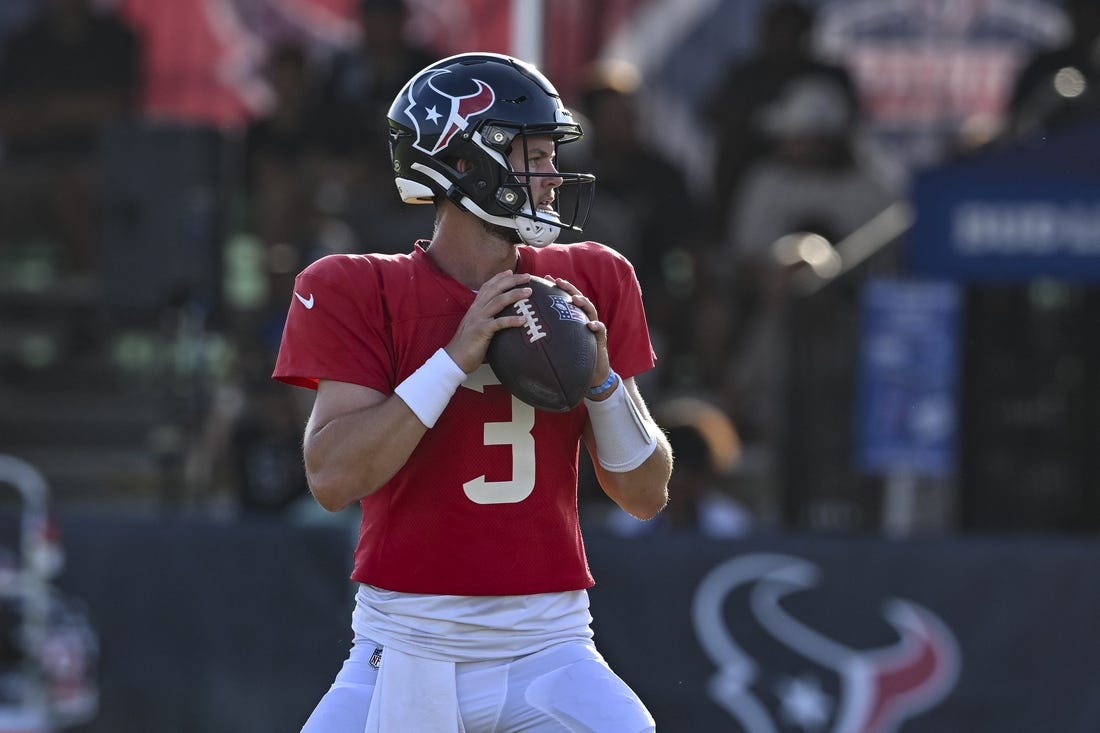 Aug 5, 2022; Houston, Texas, US;  Houston Texans quarterback Kyle Allen (3) throws a pass during training camp at the Texans practice facility.  Mandatory Credit: Maria Lysaker-USA TODAY Sports