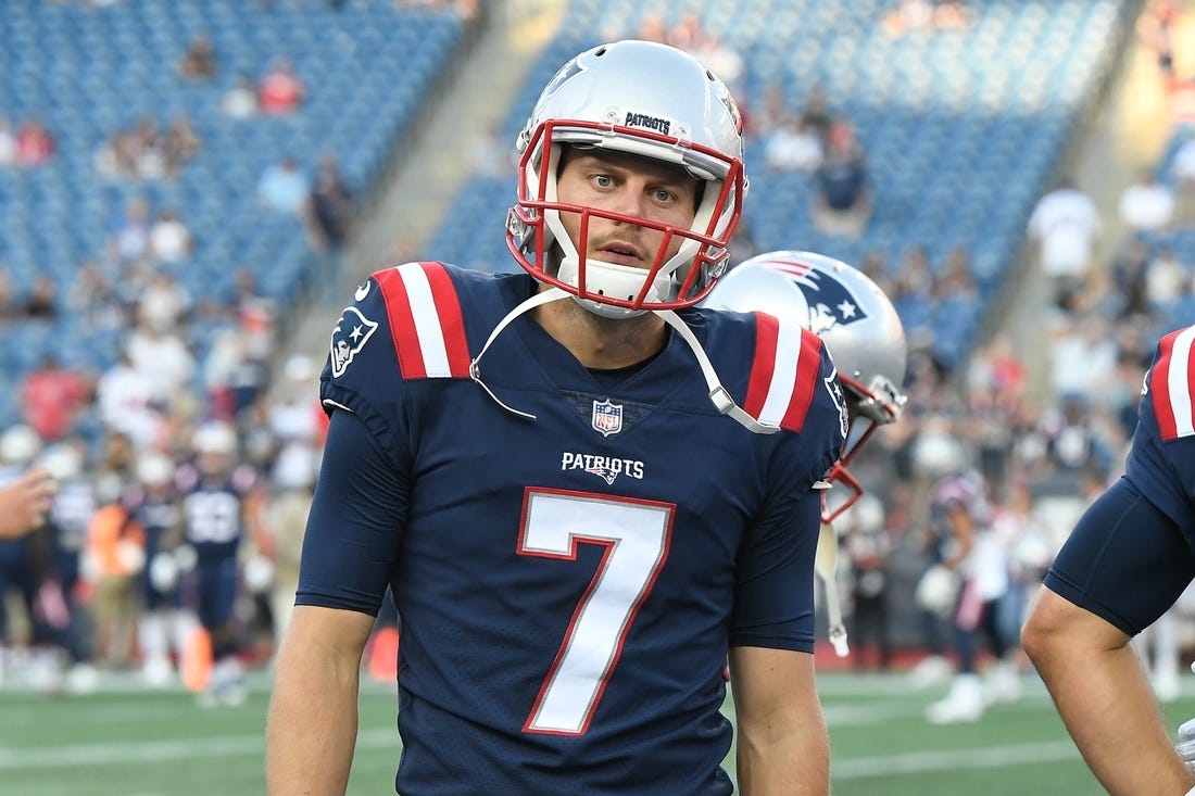Aug 19, 2022; Foxborough, Massachusetts, USA; New England Patriots punter Jake Bailey (7) warms up before a preseason game against the Carolina Panthers at Gillette Stadium. Mandatory Credit: Eric Canha-USA TODAY Sports