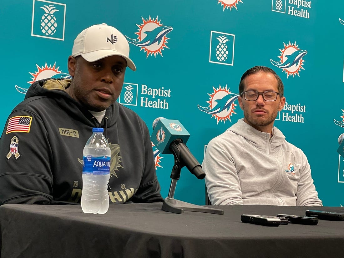 Dolphins general manager Chris Grier and coach Mike McDaniel address reporters Tuesday.

Img 9284