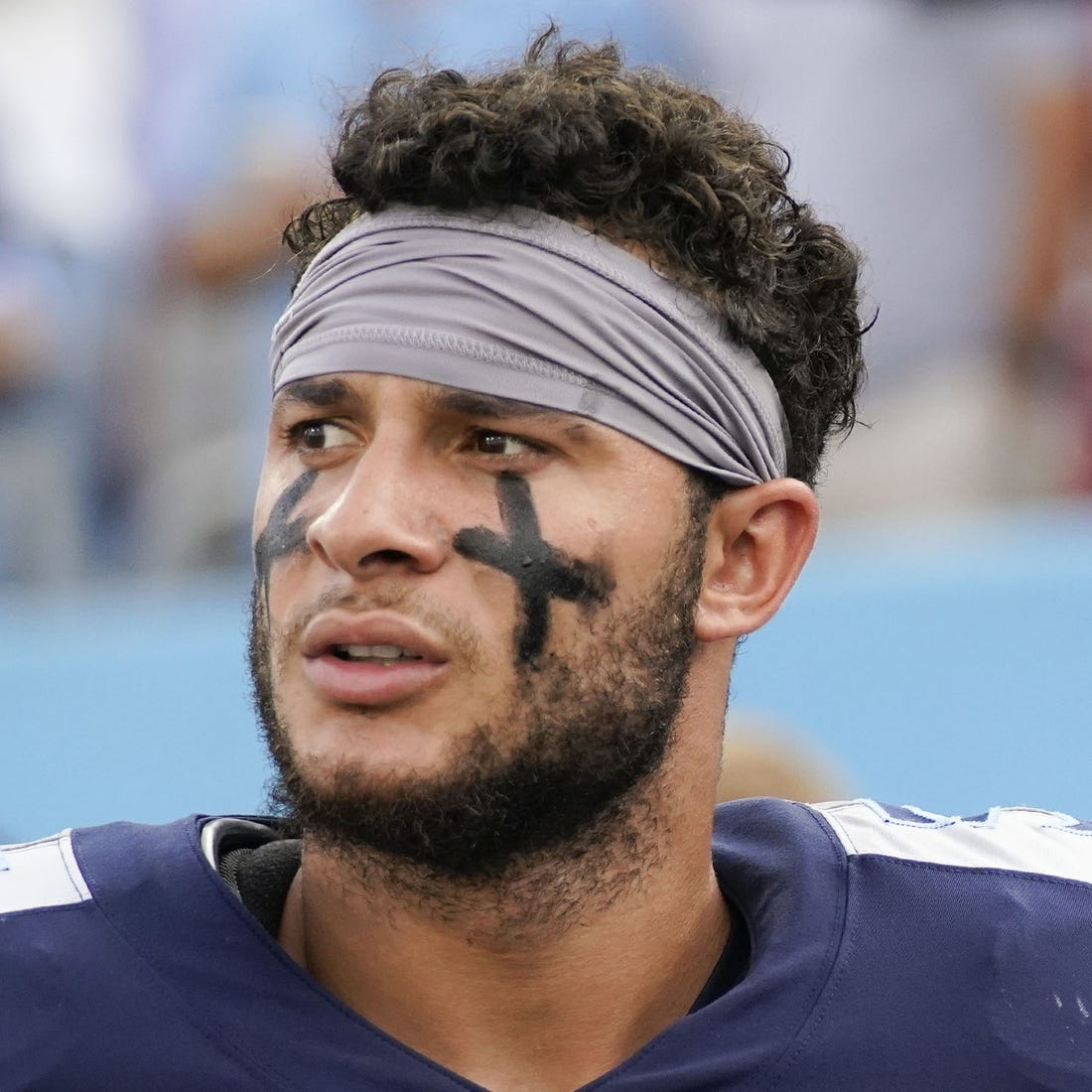 Aug 20, 2022; Nashville, Tennessee, USA; Tennessee Titans cornerback Caleb Farley (3) reacts before a preseason game against the Tampa Bay Buccaneers at Nissan Stadium. Mandatory Credit: George Walker IV-USA TODAY Sports