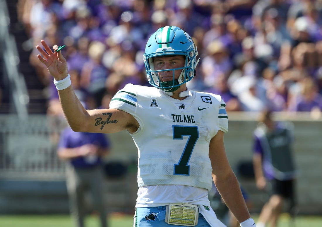 Sep 17, 2022; Manhattan, Kansas, USA; Tulane Green Wave quarterback Michael Pratt (7) waits for a play from the sideline during the second quarter against the Kansas State Wildcats at Bill Snyder Family Football Stadium. Mandatory Credit: Scott Sewell-USA TODAY Sports