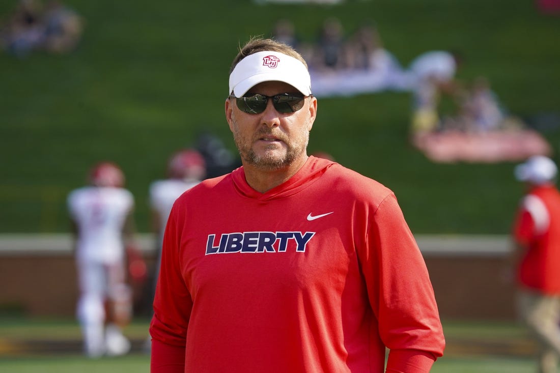 Sep 17, 2022; Winston-Salem, North Carolina, USA;  Liberty Flames head coach Hugh Freeze looks on against the Wake Forest Demon Deacons before the game at Truist Field. Mandatory Credit: James Guillory-USA TODAY Sports