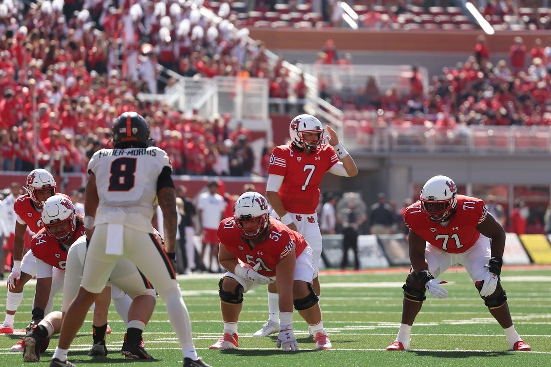 Oct 1, 2022; Salt Lake City, Utah, USA; Utah Utes quarterback Cameron Rising (7) changes a play at the line scrimmage in the first quarter against the Oregon State Beavers at Rice-Eccles Stadium. Mandatory Credit: Rob Gray-USA TODAY Sports