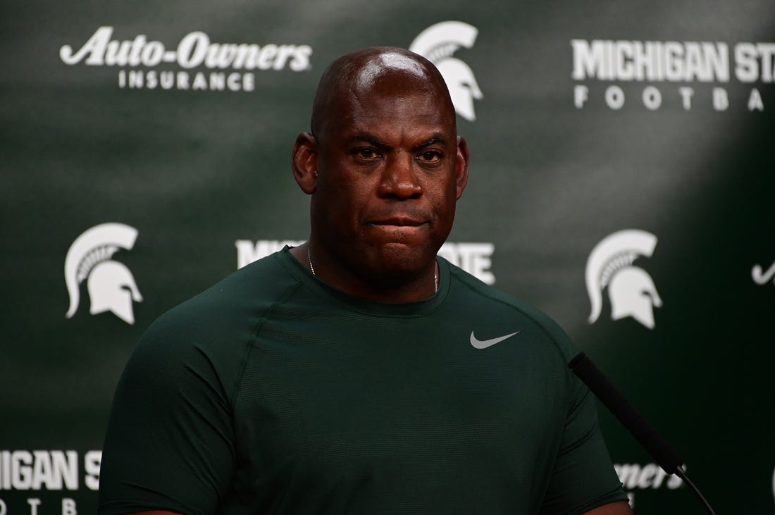 Oct 8, 2022; East Lansing, Michigan, USA;  Michigan State Spartans head coach Mel Tucker during the post game news conference after losing to Ohio State at Spartan Stadium. This is the fourth loss in a row for Tucker and the Spartans. Mandatory Credit: Dale Young-USA TODAY Sports