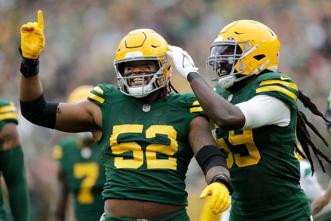 Green Bay Packers linebacker Rashan Gary (52) celebrates getting a sack against the New York Jets with teammate linebacker De'Vondre Campbell (59) during their football game Sunday, October 16, at Lambeau Field in Green Bay, Wis. Dan Powers/USA TODAY NETWORK-Wisconsin

Apc Packvsjets 1016220521djp