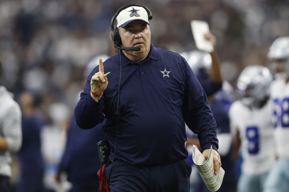 Oct 23, 2022; Arlington, Texas, USA; Dallas Cowboys head coach Mike McCarthy signals that the ball is on the one yard line in the third quarter against the Detroit Lions at AT&T Stadium. Mandatory Credit: Tim Heitman-USA TODAY Sports