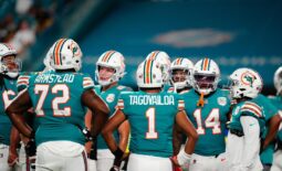 Oct 23, 2022; Miami Gardens, Florida, USA; Miami Dolphins offensive tackle Terron Armstead (72) and Miami Dolphins quarterback Tua Tagovailoa (1) talk to teammates prior to a game against the Pittsburgh Steelers at Hard Rock Stadium. Mandatory Credit: Rich Storry-USA TODAY Sports