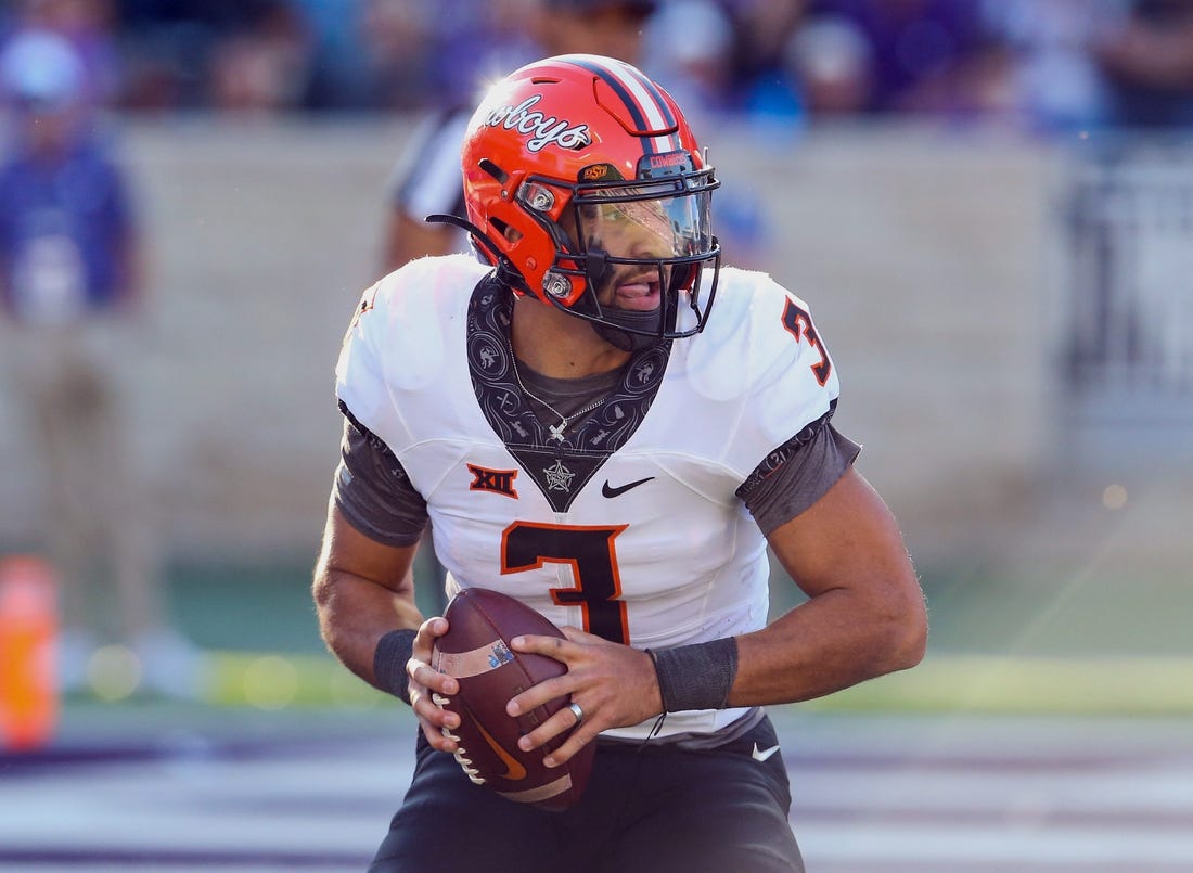 Oct 29, 2022; Manhattan, Kansas, USA; Oklahoma State Cowboys quarterback Spencer Sanders (3) drops back to pass against the Kansas State Wildcats during the first quarter at Bill Snyder Family Football Stadium. Mandatory Credit: Scott Sewell-USA TODAY Sports