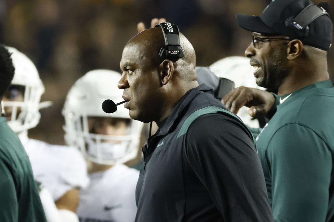 Oct 29, 2022; Ann Arbor, Michigan, USA; Michigan State Spartans head coach Mel Tucker on the sideline in the first half against the Michigan Wolverines at Michigan Stadium. Mandatory Credit: Rick Osentoski-USA TODAY Sports