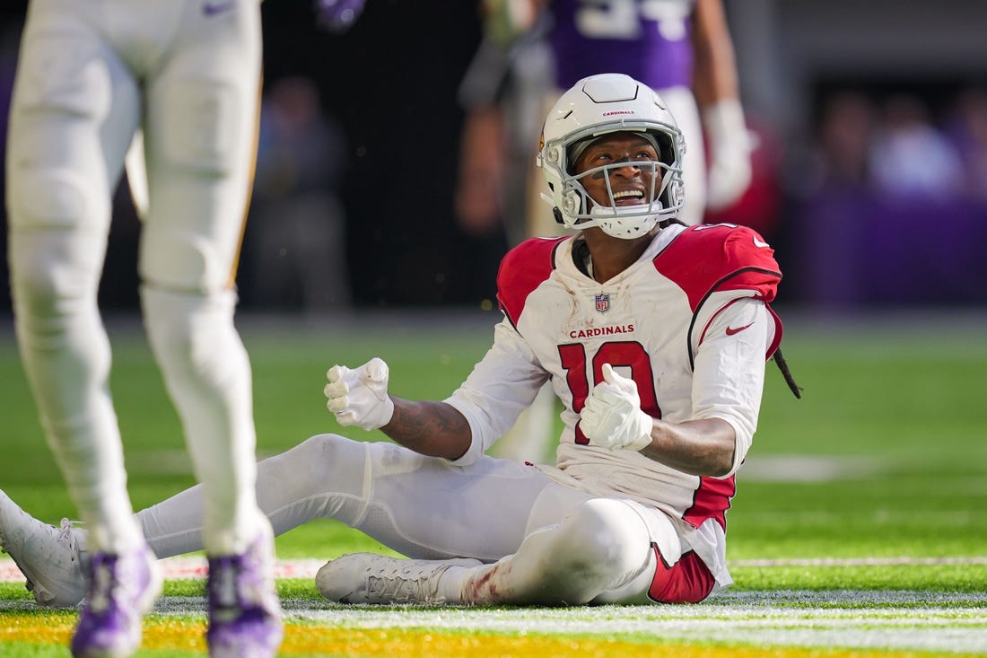 Oct 30, 2022; Minneapolis, Minnesota, USA; Arizona Cardinals wide receiver DeAndre Hopkins (10) reacts to a dropped pass against the Minnesota Vikings in the fourth quarter at U.S. Bank Stadium. Mandatory Credit: Brad Rempel-USA TODAY Sports