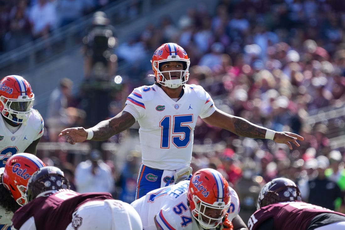 Nov 5, 2022; College Station, Texas, USA; Florida Gators quarterback Anthony Richardson (15) looks up in the second half against the Texas A&M Aggies at Kyle Field. Mandatory Credit: Daniel Dunn-USA TODAY Sports