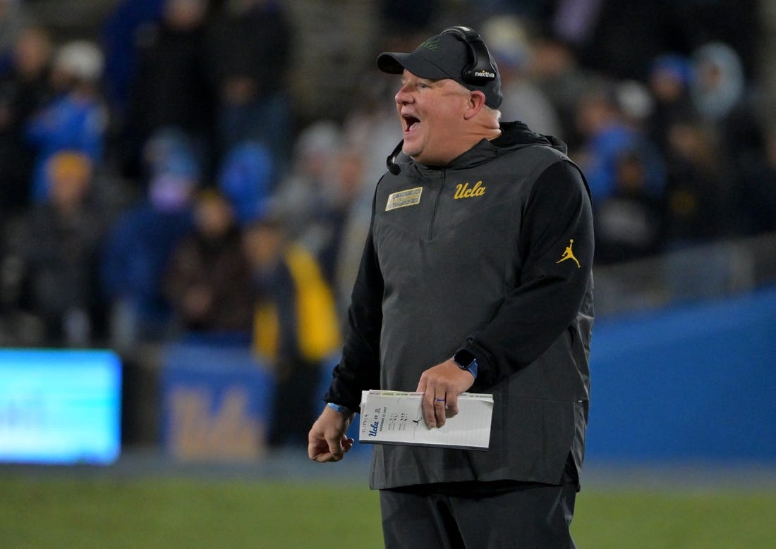 Nov 12, 2022; Pasadena, California, USA;  UCLA Bruins head coach Chip Kelly calls a play in the second half against the Arizona Wildcats at the Rose Bowl. Mandatory Credit: Jayne Kamin-Oncea-USA TODAY Sports