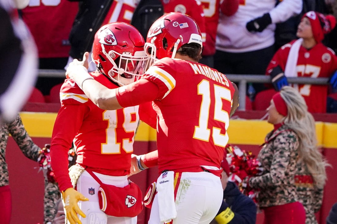 Nov 13, 2022; Kansas City, Missouri, USA; Kansas City Chiefs wide receiver Kadarius Toney (19) celebrates with quarterback Patrick Mahomes (15) after a touchdown against the Jacksonville Jaguars during the first half of the game at GEHA Field at Arrowhead Stadium. Mandatory Credit: Denny Medley-USA TODAY Sports