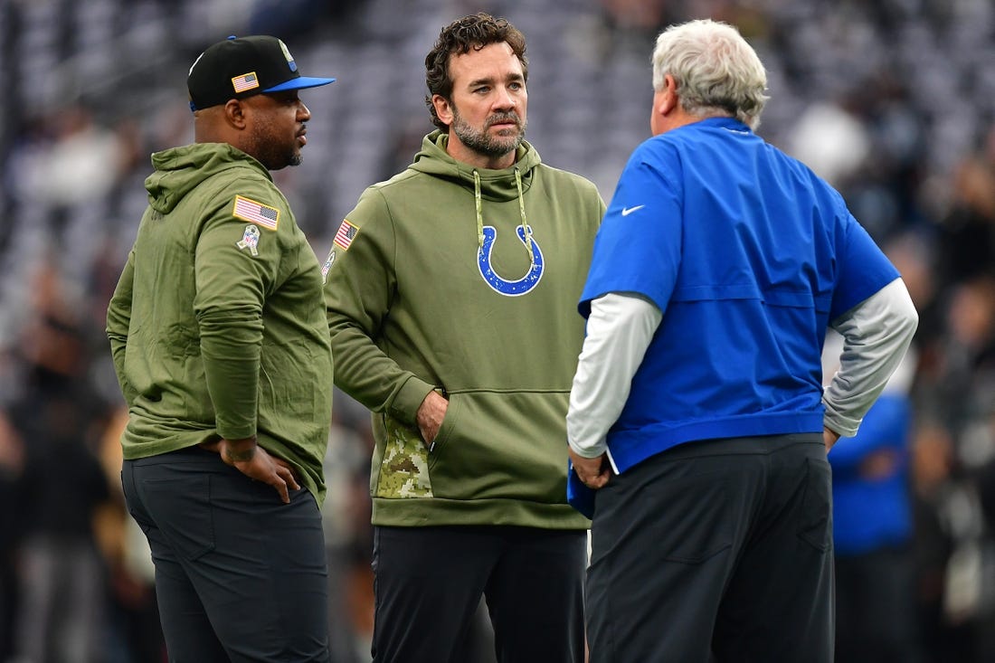 Nov 13, 2022; Paradise, Nevada, USA; Indianapolis Colts head coach Jeff Saturday before the game against the Las Vegas Raiders at Allegiant Stadium. Mandatory Credit: Gary A. Vasquez-USA TODAY Sports
