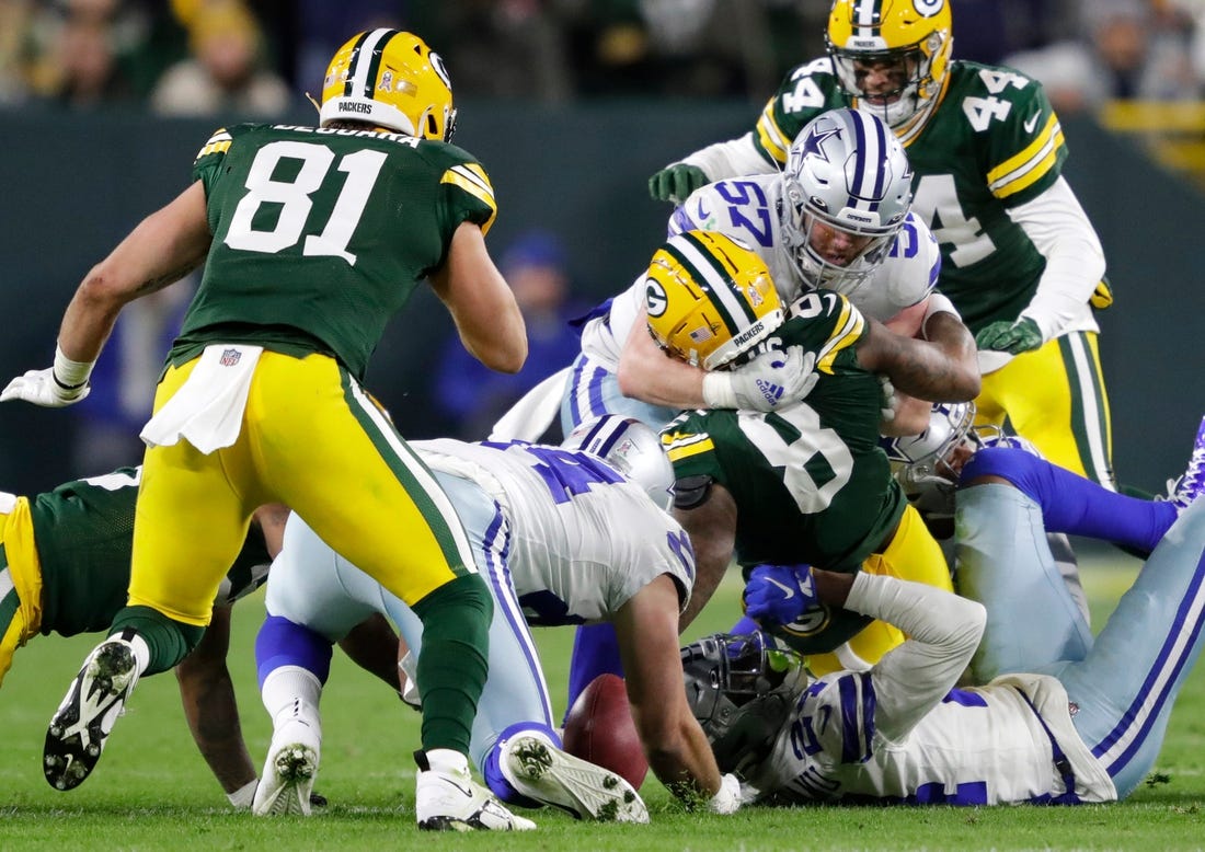 Green Bay Packers wide receiver Amari Rodgers (8) fumbles a punt return against the Dallas Cowboys during their football game Sunday, November 13, at Lambeau Field in Green Bay, Wis. Dallas recovered the fumble.Dan Powers/USA TODAY NETWORK-Wisconsin

Apc Packvscowboys 1113221314djp
