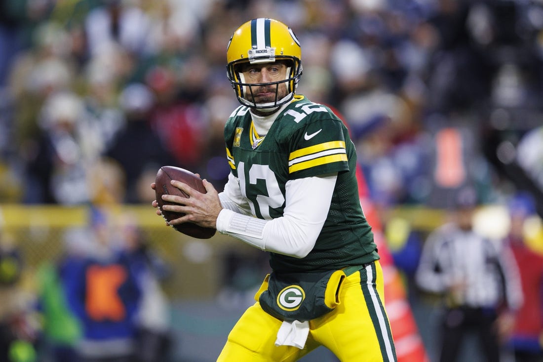 Nov 13, 2022; Green Bay, Wisconsin, USA;  Green Bay Packers quarterback Aaron Rodgers (12) during the game against the Dallas Cowboys at Lambeau Field. Mandatory Credit: Jeff Hanisch-USA TODAY Sports