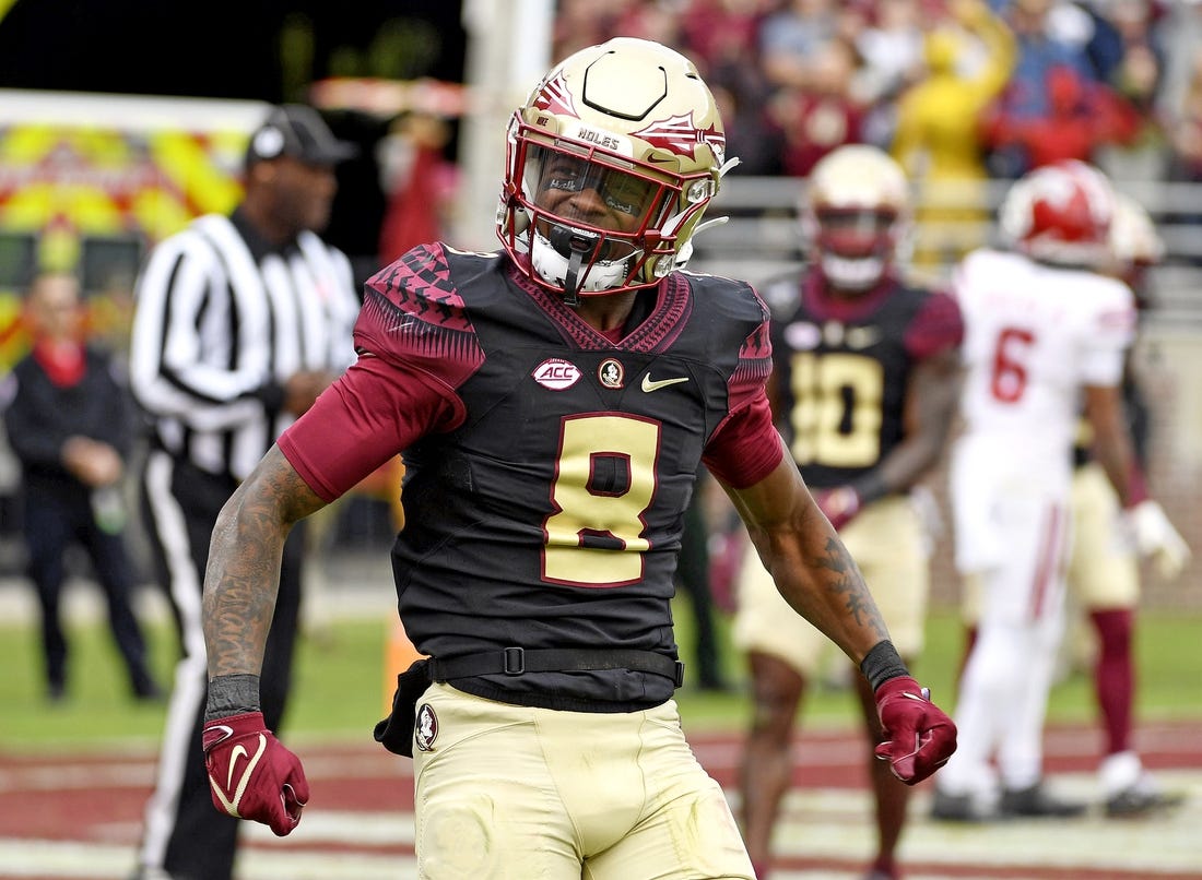 Nov 19, 2022; Tallahassee, Florida, USA; Florida State University wide receiver defensive back Renardo Green (8) reacts during the second half against the Louisiana Ragin' Cajuns at Doak S. Campbell Stadium. Mandatory Credit: Melina Myers-USA TODAY Sports