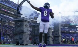 Nov 20, 2022; Baltimore, Maryland, USA;  Baltimore Ravens quarterback Lamar Jackson (8) takes the field before the game against the Carolina Panthers at M&T Bank Stadium. Mandatory Credit: Jessica Rapfogel-USA TODAY Sports