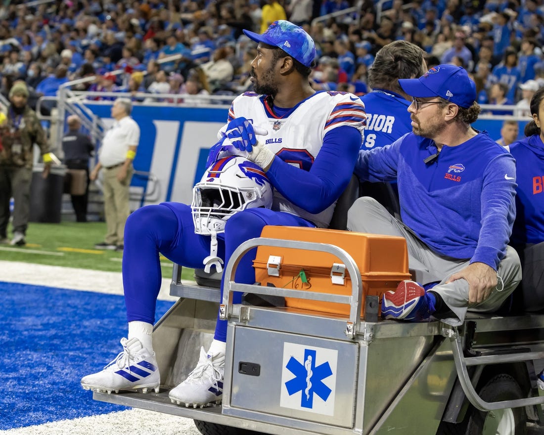 Nov 24, 2022; Detroit, Michigan, USA; Buffalo Bills linebacker Von Miller (40) is carted off the field during the second quarter of a game against the Detroit Lions at Ford Field. Mandatory Credit: David Reginek-USA TODAY Sports
