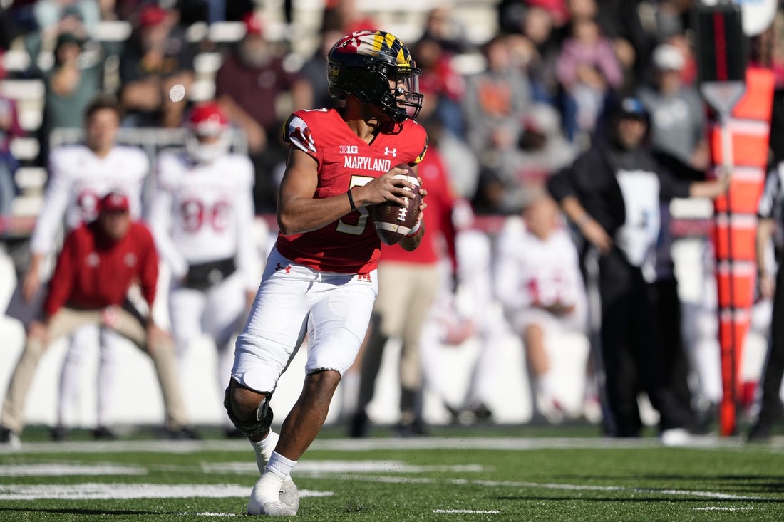 Nov 26, 2022; Maryland Terrapins quarterback Taulia Tagovailoa (3) throws a pass in the first quarter against the Rutgers Scarlet Knights in the first quarter at College Park, Maryland, USA; at SECU Stadium. Mandatory Credit: Brent Skeen-USA TODAY Sports