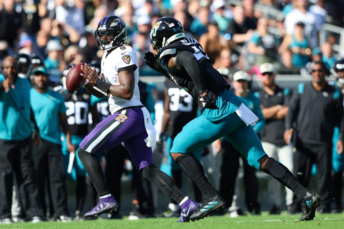 Nov 27, 2022; Jacksonville, Florida, USA;  Baltimore Ravens quarterback Lamar Jackson (8) looks to pass against the Jacksonville Jaguars in the first quarter at TIAA Bank Field. Mandatory Credit: Nathan Ray Seebeck-USA TODAY Sports