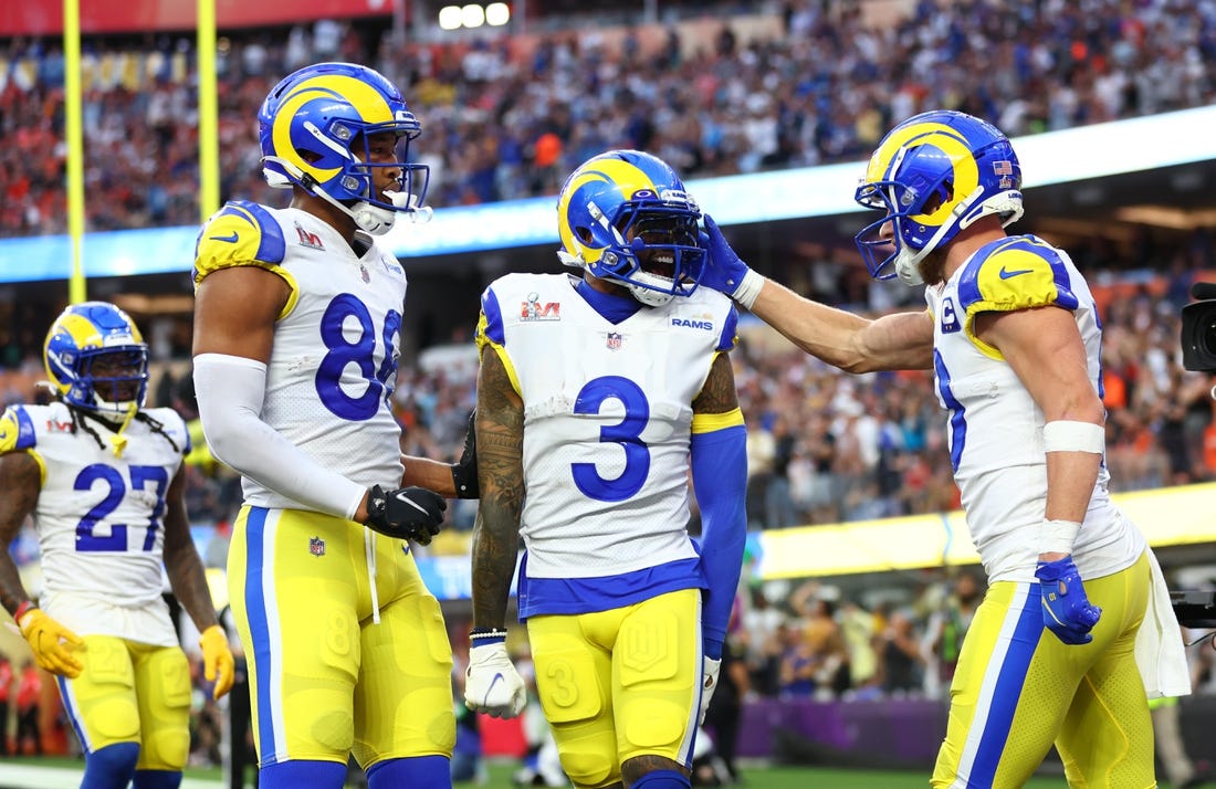 Feb 13, 2022; Inglewood, CA, USA; Los Angeles Rams wide receiver Cooper Kupp (right) celebrates with wide receiver Odell Beckham Jr. (3) after catching a touchdown pass against the Cincinnati Bengals during the second quarter in Super Bowl LVI at SoFi Stadium. Mandatory Credit: Mark J. Rebilas-USA TODAY Sports