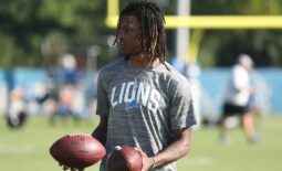 Detroit Lions receiver Jameson Williams watches passing drills during practice Thursday, July 28, 2022 at the Allen Park practice facility.

Lions1