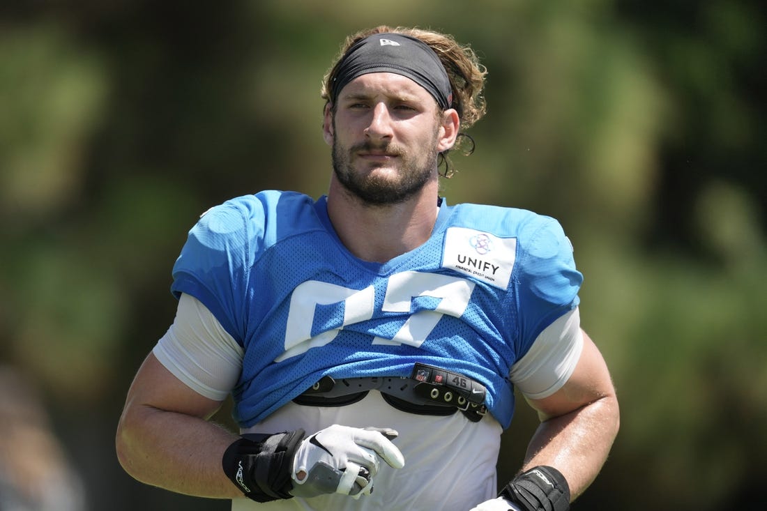 Aug 18, 2022; Costa Mesa, CA, USA; Los Angeles Chargers linebacker Joey Bosa (97) reacts during joint practice against the Dallas Cowboys at Jack Hammett Sports Complex. Mandatory Credit: Kirby Lee-USA TODAY Sports