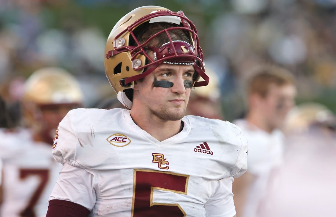 Oct 22, 2022; Winston-Salem, North Carolina, USA;  Boston College Eagles quarterback Phil Jurkovec (5) walks on the bench during the second half against the Wake Forest Demon Deacons at Truist Field. Mandatory Credit: Reinhold Matay-USA TODAY Sports