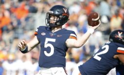 Nov 12, 2022; Charlottesville, Virginia, USA; Virginia Cavaliers quarterback Brennan Armstrong (5) throws the ball against the Pittsburgh Panthers during the first half at Scott Stadium. Mandatory Credit: Amber Searls-USA TODAY Sports