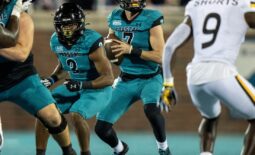 Nov 12, 2022; Conway, South Carolina, USA; Coastal Carolina Chanticleers quarterback Jarrett Guest (7) sets for a pass in the fourth quarter against the Southern Mississippi Golden Eagles at Brooks Stadium. Mandatory Credit: David Yeazell-USA TODAY Sports