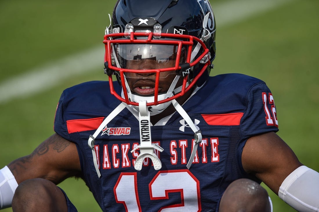 Jackson State WR Travis Hunter (12) is seen during their homecoming NCAA college football game against Campbell in Jackson, Miss., Saturday, October 22, 2022.

TCL JSU HOMECOMING 221