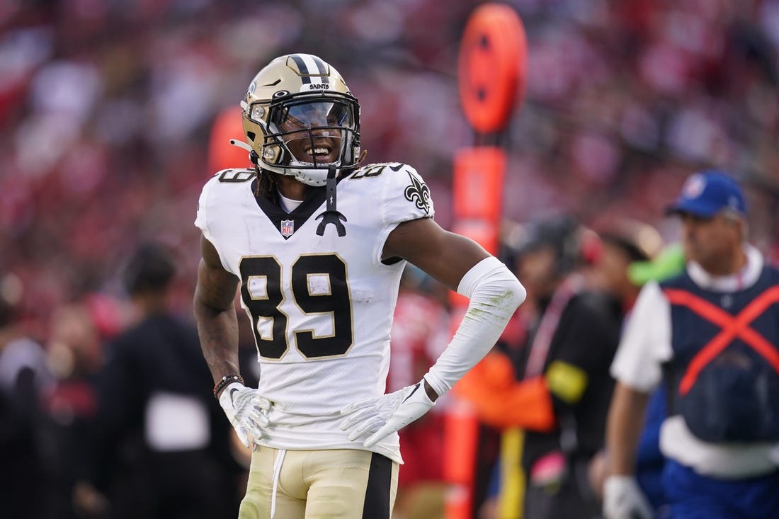 Nov 27, 2022; Santa Clara, California, USA; New Orleans Saints wide receiver Rashid Shaheed (89) stands on the field after an incomplete pass against the San Francisco 49ers in the third quarter at Levi's Stadium. Mandatory Credit: Cary Edmondson-USA TODAY Sports