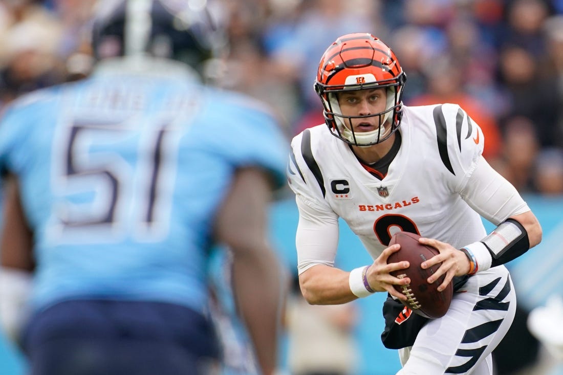 Bengals QB Joe Burrow looks for an opening to pass against the Titans.Syndication The Columbus Dispatch