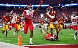 Dec 2, 2022; Las Vegas, NV, USA; Utah Utes wide receiver Money Parks (10) runs the ball for a touchdown against the Southern California Trojans during the second half of the PAC-12 Football Championship at Allegiant Stadium. Mandatory Credit: Gary A. Vasquez-USA TODAY Sports