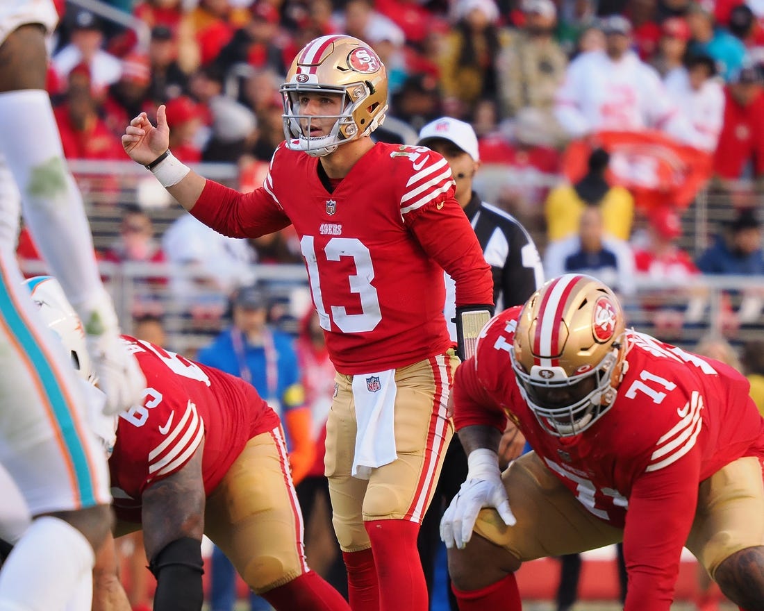 Dec 4, 2022; Santa Clara, California, USA; San Francisco 49ers quarterback Brock Purdy (13) calls out the play against the Miami Dolphins during the third quarter at Levi's Stadium. Mandatory Credit: Kelley L Cox-USA TODAY Sports