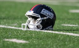 Dec 4, 2022; East Rutherford, New Jersey, USA; General view of a New York Giants helmet prior to the game against the Washington Commanders at MetLife Stadium. Mandatory Credit: Rich Barnes-USA TODAY Sports