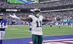 Dec 11, 2022; East Rutherford, New Jersey, USA; Philadelphia Eagles wide receiver A.J. Brown (11) reacts after scoring a touchdown against the New York Giants during the game at MetLife Stadium. Mandatory Credit: Chris Pedota-USA TODAY Sports